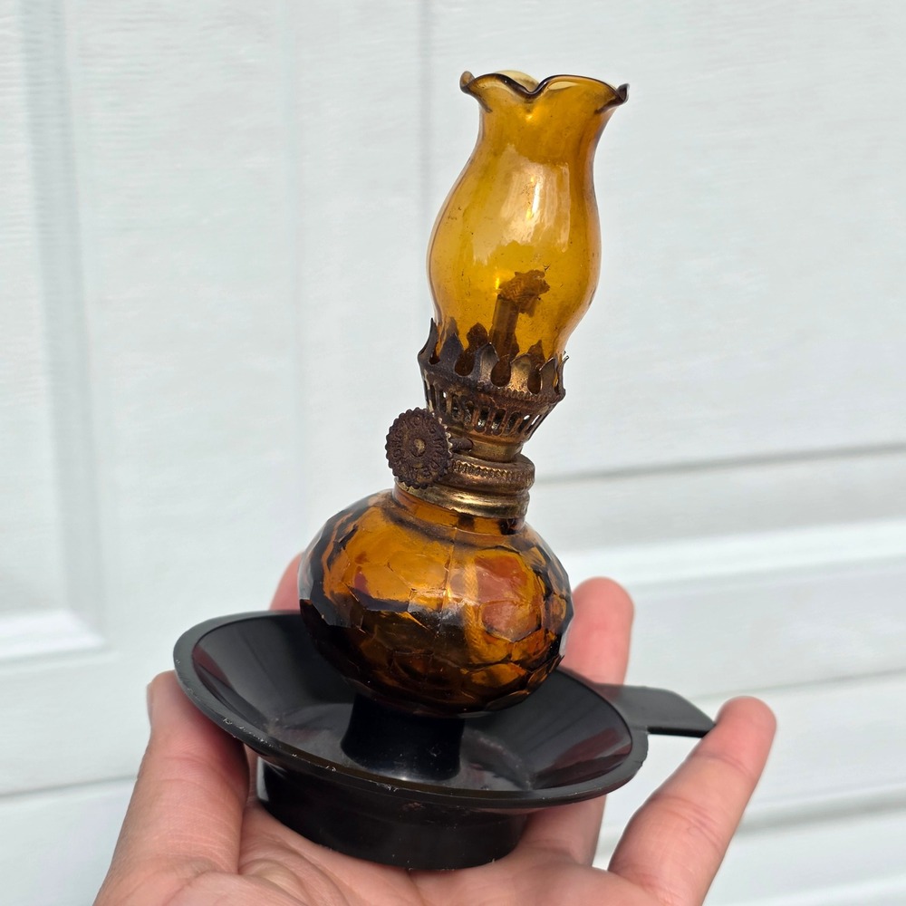 Vtg Home Decorative Products Amber Glass Miniature Oil Lamp hurricane ruffle - Picture 6 of 15